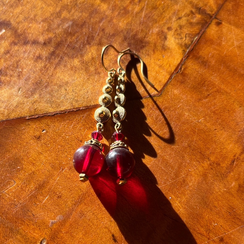 Elegant Gold and Red Dangle Earrings